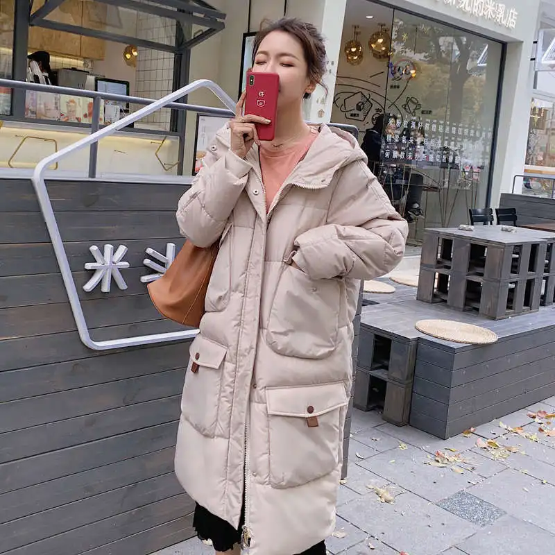 beige coat Пуховое хлопковое зимнее пальто Женская Стеганая длинная Парка утепленная женская зимняя куртка с карманами с капюшоном теплая верхняя одежда женское пальто C5873 - Цвет: beige coat