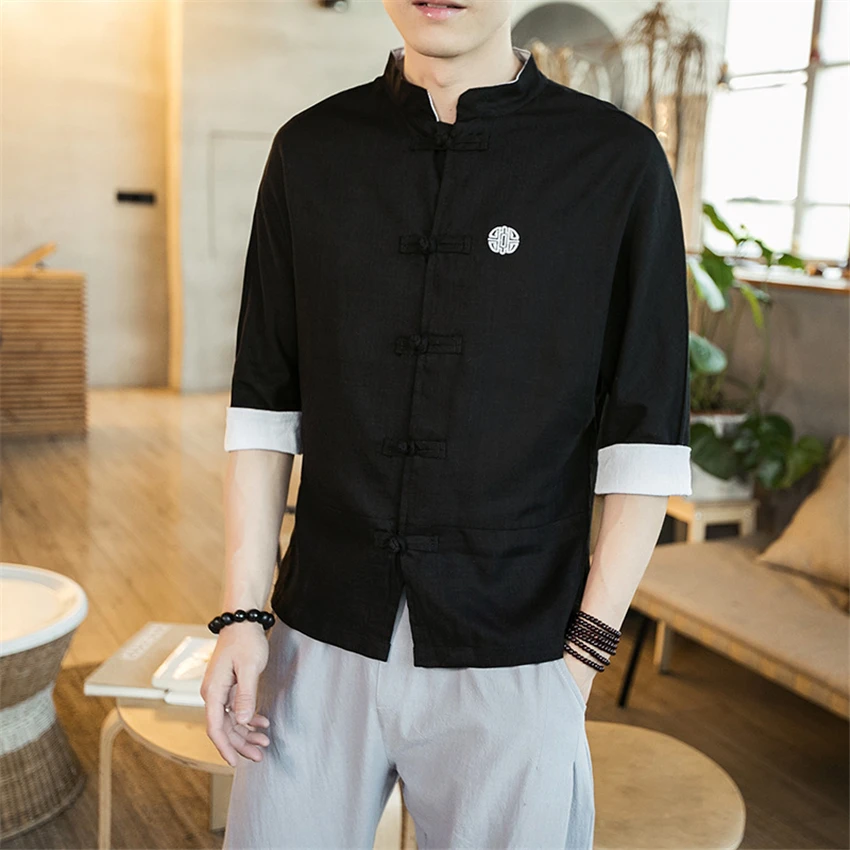 

2021 New Chinese Style Mens Tops Tang Suit Linen Long Sleeve Solid Traditional Kung Fu Hanfu Men Shirt Plus Size M-5XL