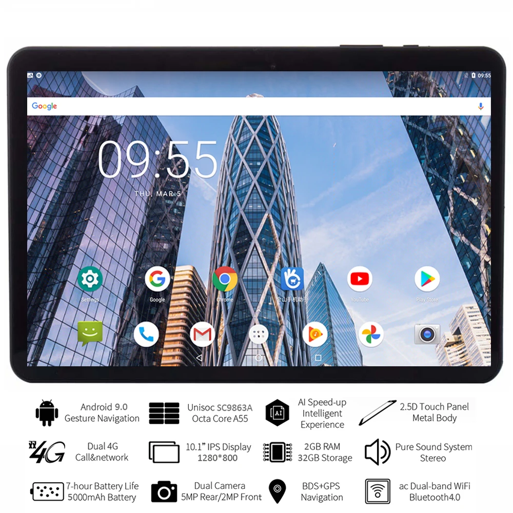 

Новый 10,1 дюймов Google Play планшеты ПК Android 9,0 Octa Core 4G, с функцией звонка Wi-Fi Bluetooth 2.5D закаленное стекло 1280*800 IPS планшеты