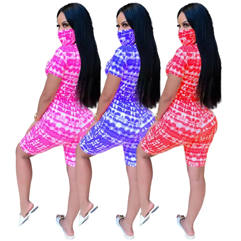 

New fashion tie dye print casual two piece set slim fit o-neck short sleeve T-shirt and shorts women's set