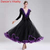 modern dance performance costume long sleeve feather luxurious big hemlines dress ballroom national standard waltz dance wear