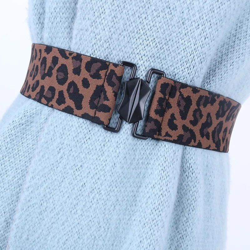 

Fashion Women belts alloy buckle Wide Faux Leather Stretchy Waistband for Dress Elastic Solid Casual cummerbunds leopard design
