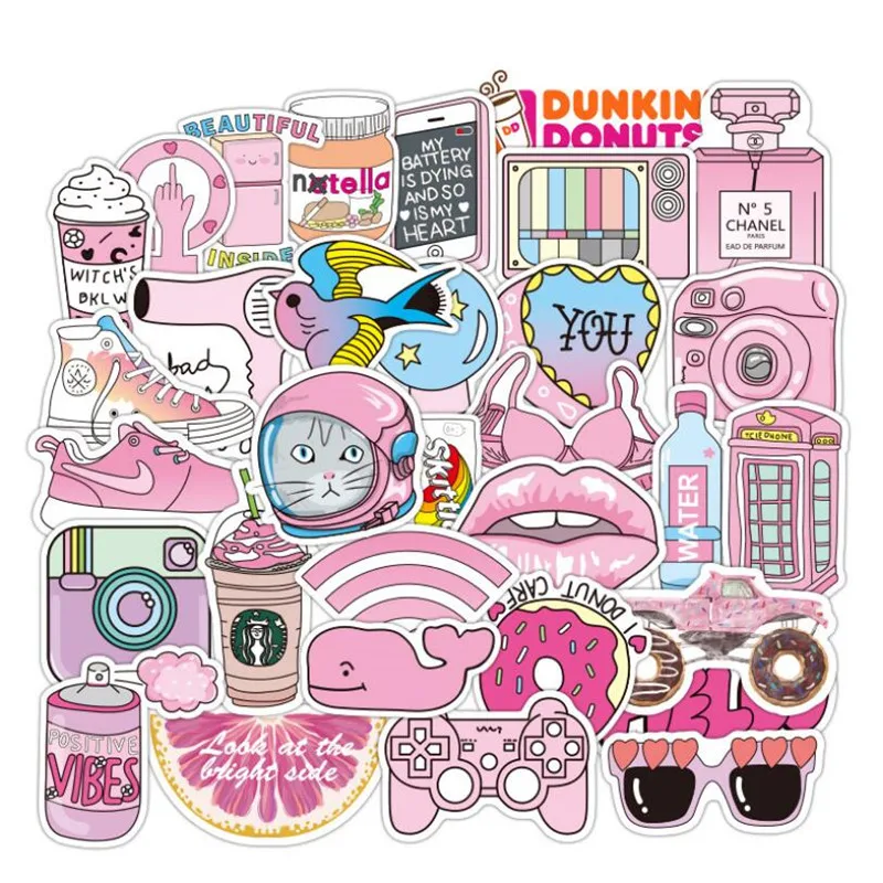 

10/30/50PCS pink girl art cat trolley case cute waterproof guitar skateboard graffiti car sticker decoration wholesale