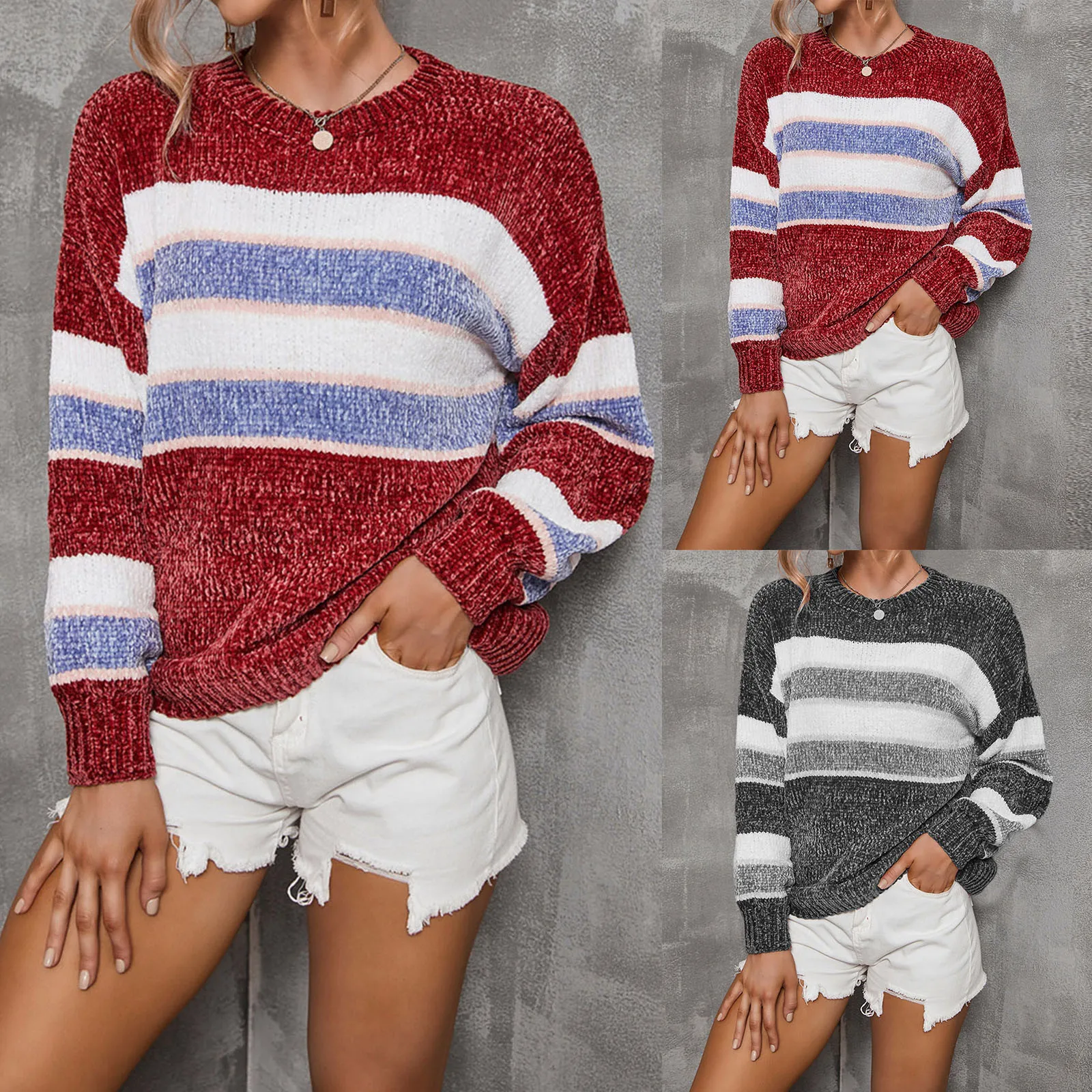 

New Women Sweater 2021 Autumn Winter Sweatershirt Long-Sleeved Stitching Personality Striped Tops Ladies Casual Pullovers 89#Q