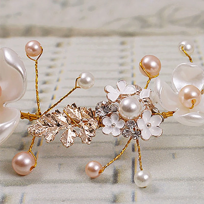 

Pearl Bride Wedding Headpiece Gold Flower Bridal Hair Piece Princess Leaf Headdress Birthday Party Prom for Girls