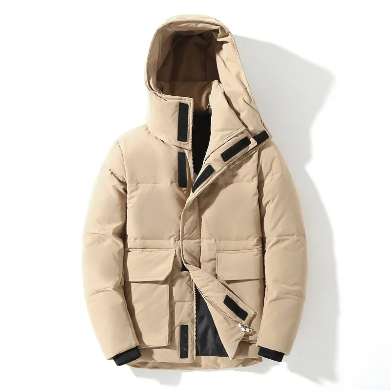 Мужской пуховик с капюшоном черный повседневный на белом утином пуху теплый зима