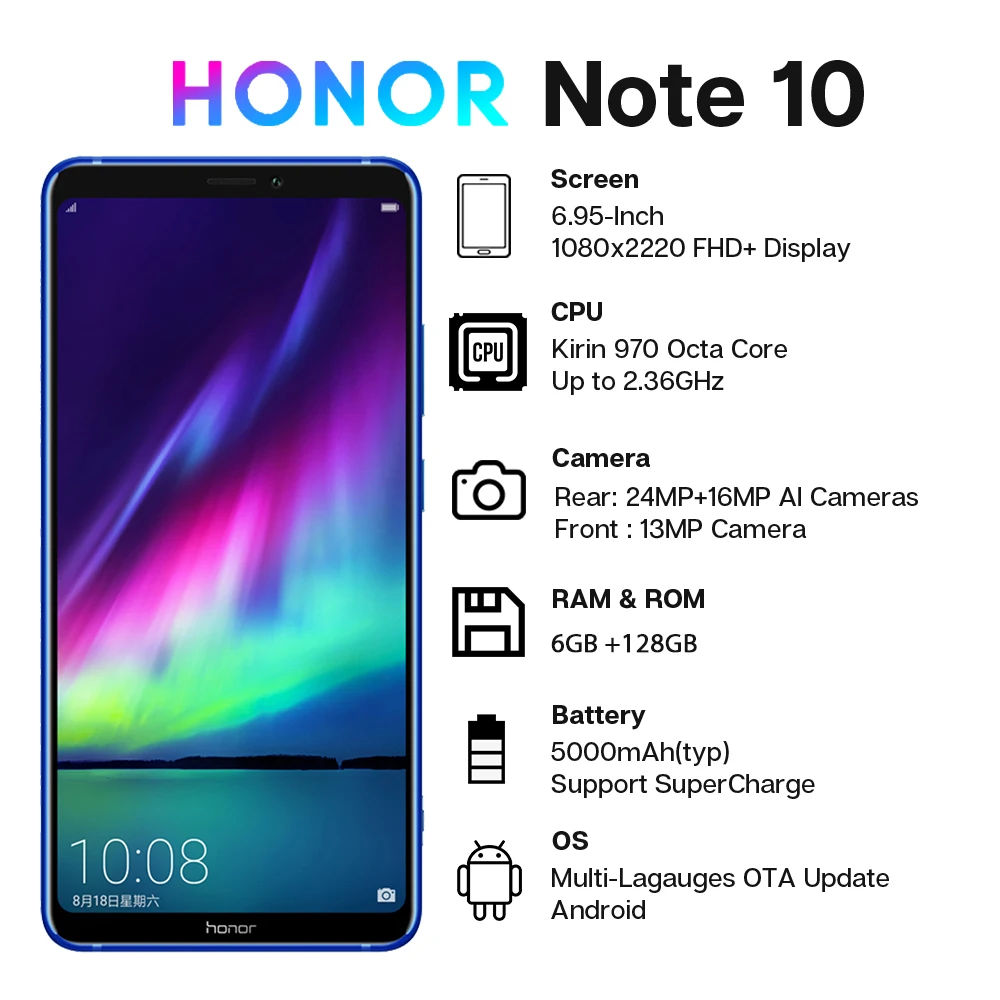 Honor Note 10 смартфон 6 ГБ 128 Kirin 970 Восьмиядерный 95 ''экран 5000 мАч 24мп задняя камера