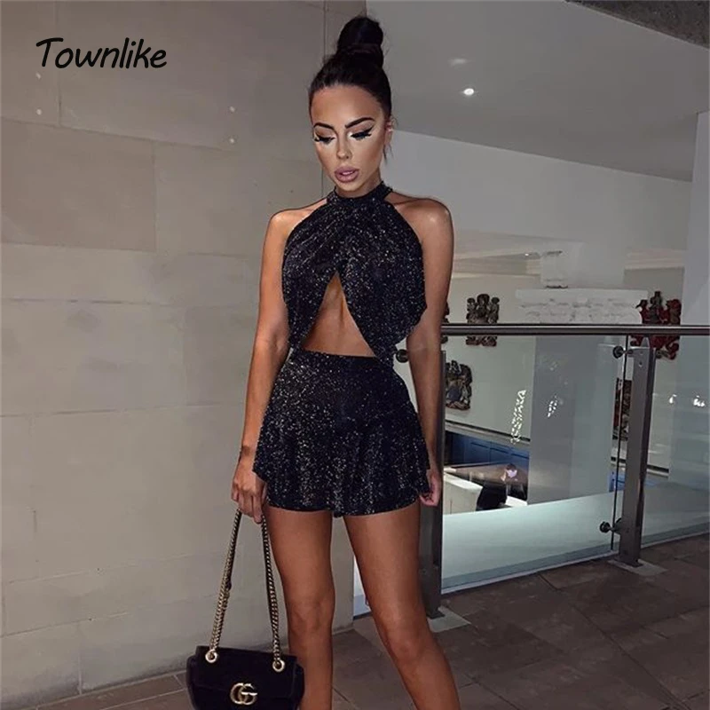Женские блестящие вечерние костюмы из двух предметов короткий топ и мини юбка