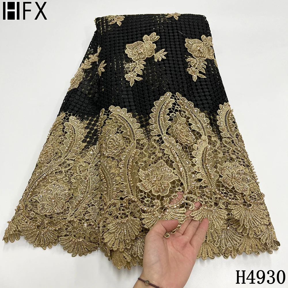 

HFX Top Quality Luxury Handmade Beaded Lace fabric 2021 African French Embroidery Guipure Cord Lace Fabric for party dress H4930
