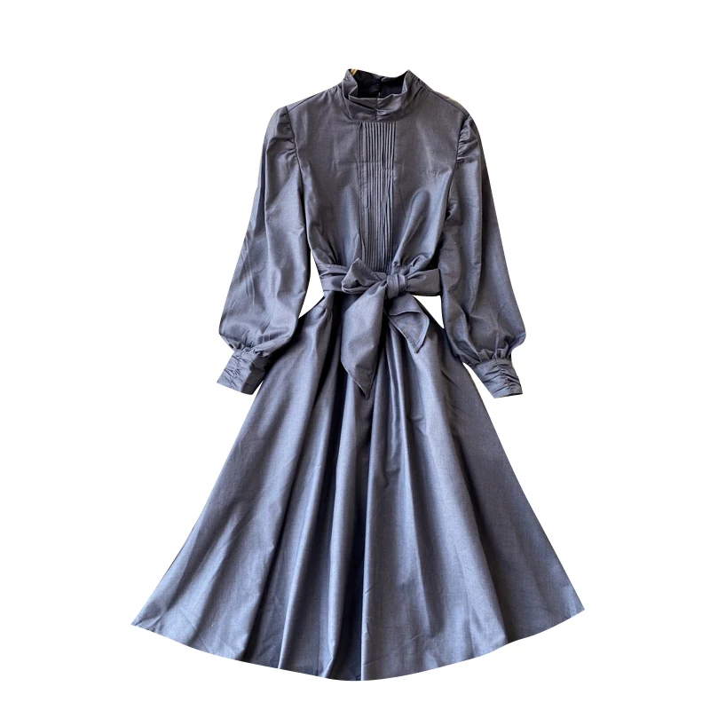 

2021 Spring Temperament New Vestidos Women's Stand-up Collar Puff Sleeve Lace-up Waist Slim Midi Dress C509