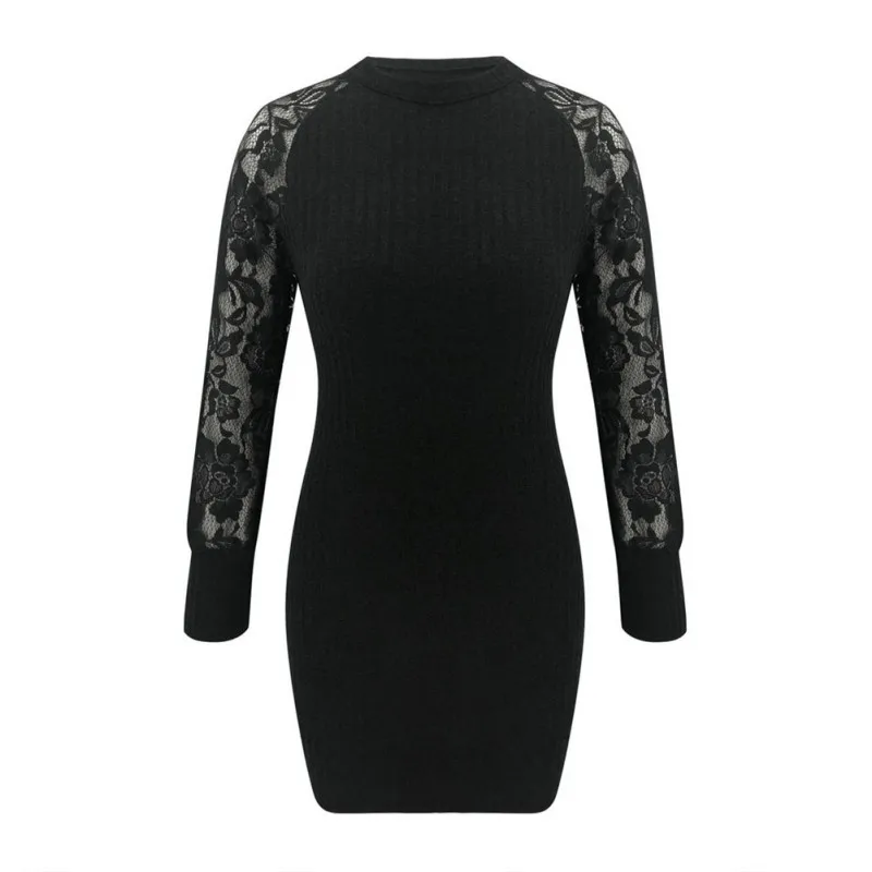 

2020 Women Sexy Lace Stitching Backless Round Collar Dresses Fashion Sexy Long Sleeve Slim Casual Dress