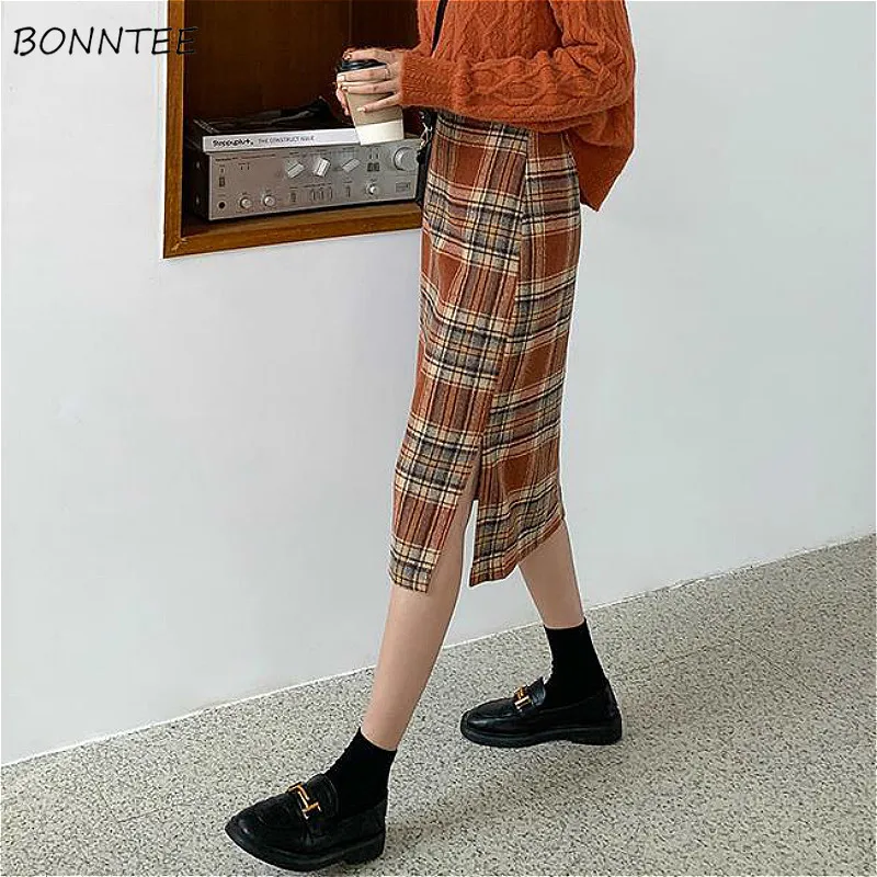 

Skirts Women Orange Vintage Tender Artistic All-match Plaid Side-slit Autumn Warm Stylish Aesthetic Temperament Simple Elegant
