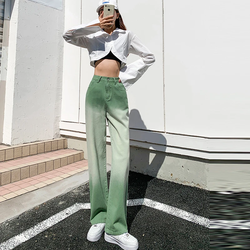 

2022 spring jeans women's high waist straight loose design sense of gradual change fruit green wide leg mopping pants