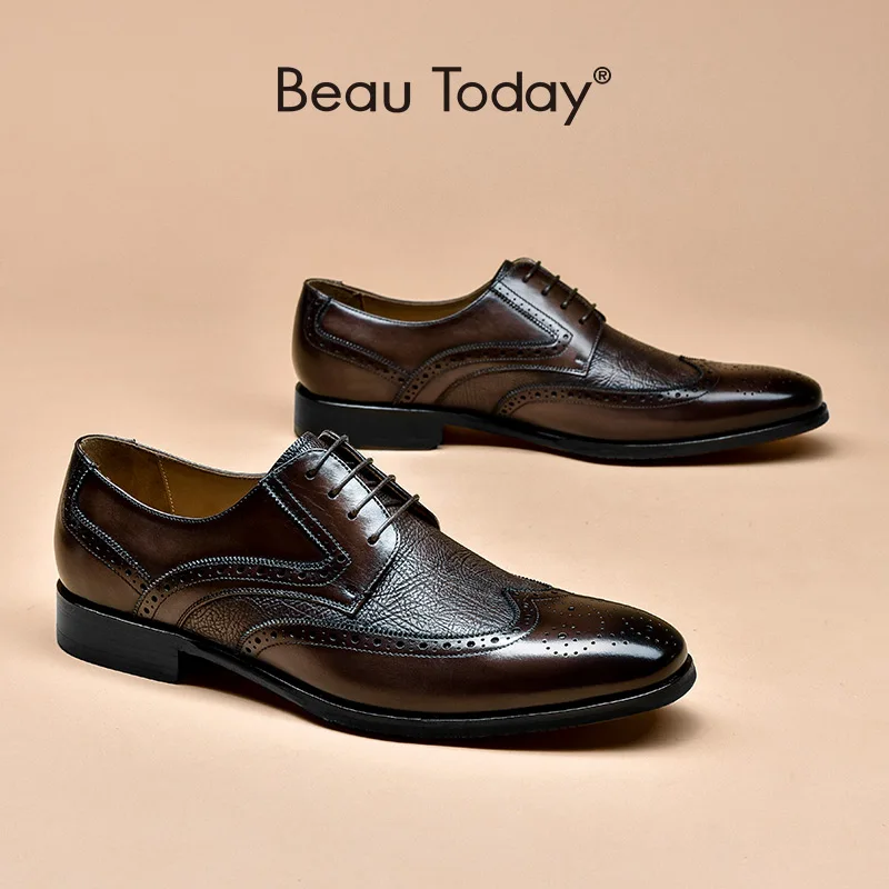 

Туфли мужские классические, Натуральная Воловья кожа, заостренный носок, на шнуровке, лоферы, броги, стиль ручной работы BeauToday 51039
