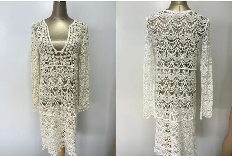 

White Black Sexy Hollow out Women deep v-neck beach bikini cover lace long sleeve sun protection clothing dress holiday sea wear
