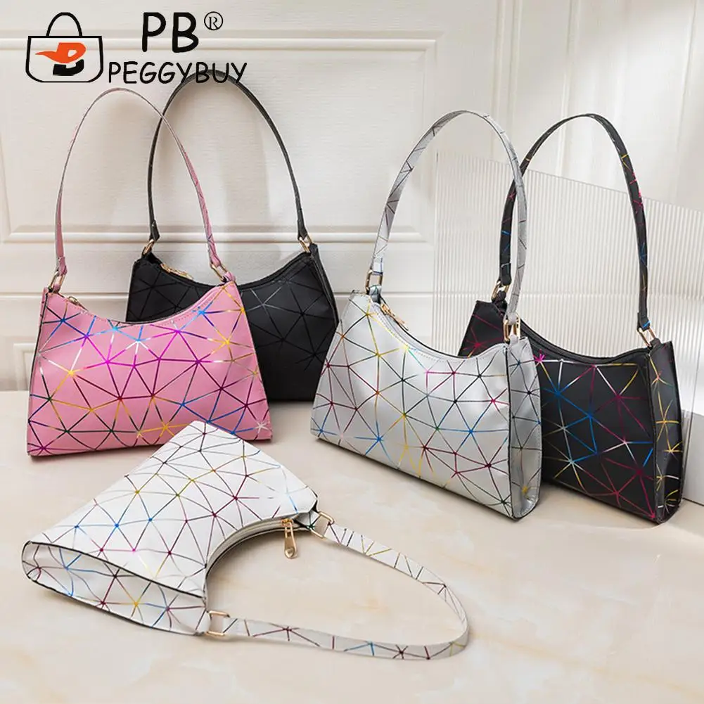 

Women Geometric Lines Printing Underarm Bags Casual PU Leather Shoulder Bag Leisure Stylish Ladies Zipper Small Purse