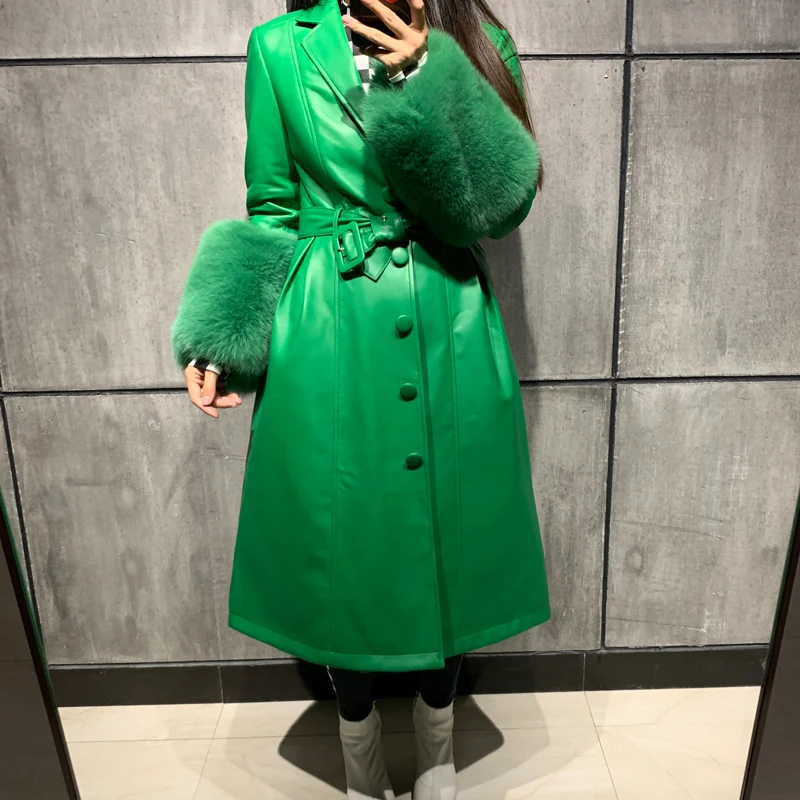 ladies leaher coat long women genuine leather windbreak