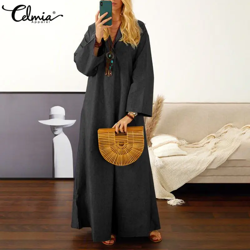 Винтажное платье трапециевидной формы с отворотом и длинными рукавами Длинное