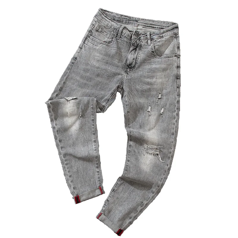 Men Ripped Skinny Jeans Summer Gray Cotton Stretch Ankle-Length Pants Fashion Korean Style Slim Fit Denim Trousers