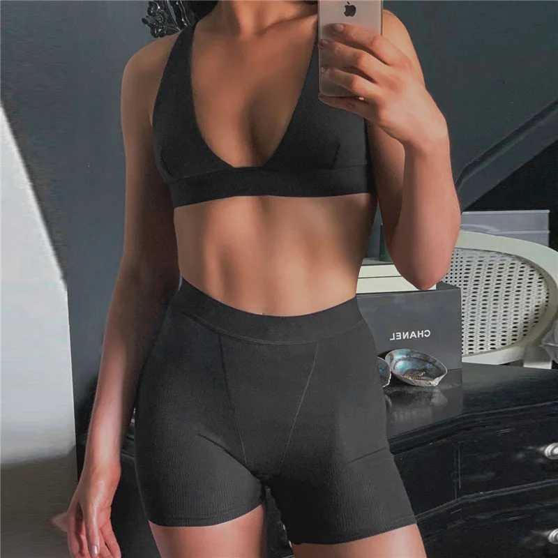 

2021 Top + Shorts Patchwork Suit Ladies Sexy Deep V Neck Sleeveless Crop Top High Waist Shorts Women Fashion Set