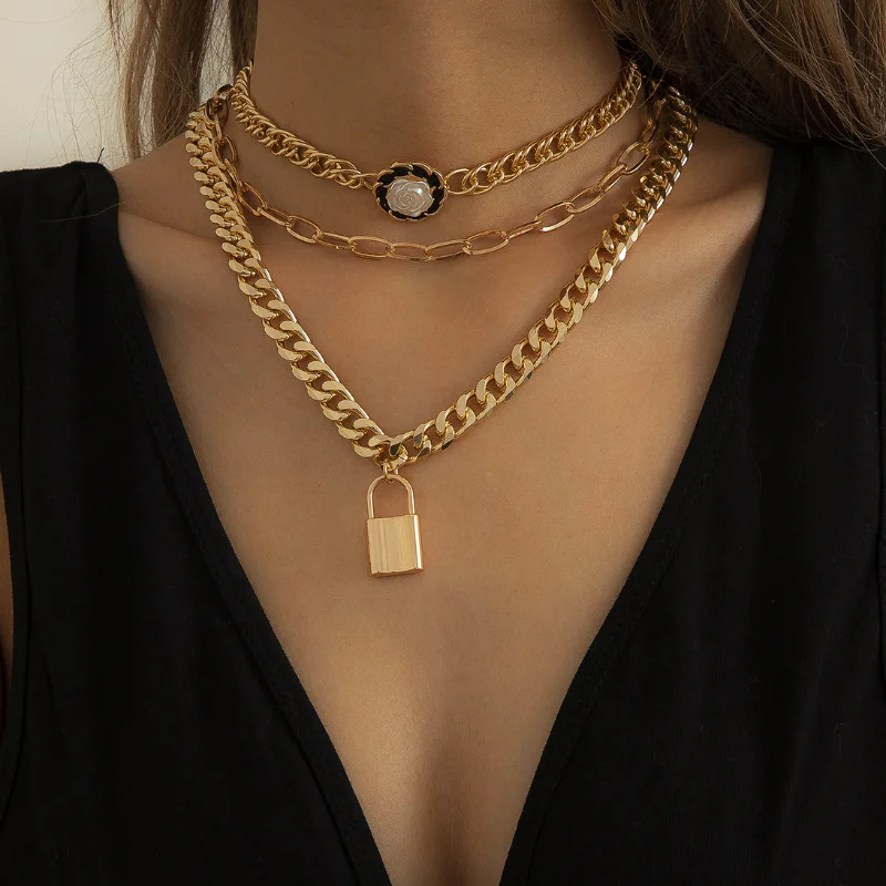 

Modern Jewelry Multi layer Punk Chain Necklace Popular Design Vintage Flower Lock Pendant Necklace For Girl Lady Gifts