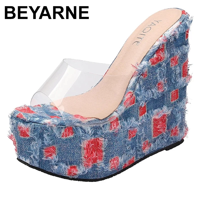 

BEYARNE 2021Summer Ethnic Design Platform Wedge Fish Mouth Sandals Women's 16cm Thick High Heels