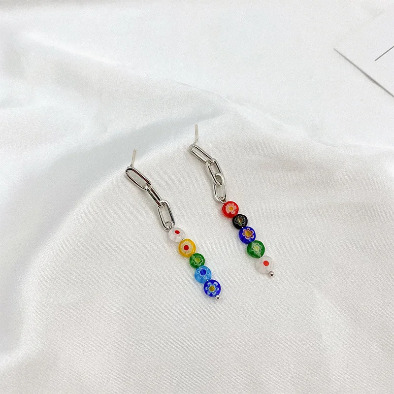 

Creative Candy Color Floral Printing Beaded Pendant Earrings for Women Ladies Long Tassel Earrings Bohemia Accessories Hot