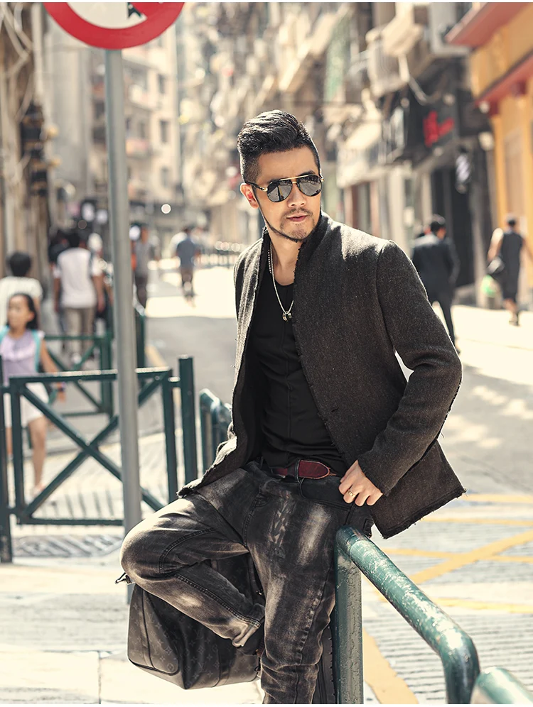New Spring Retro Black Fur-trimmed Casual Slim Black European Style Suit for Men Stand Collar Men Suit Blazer Brand F8288