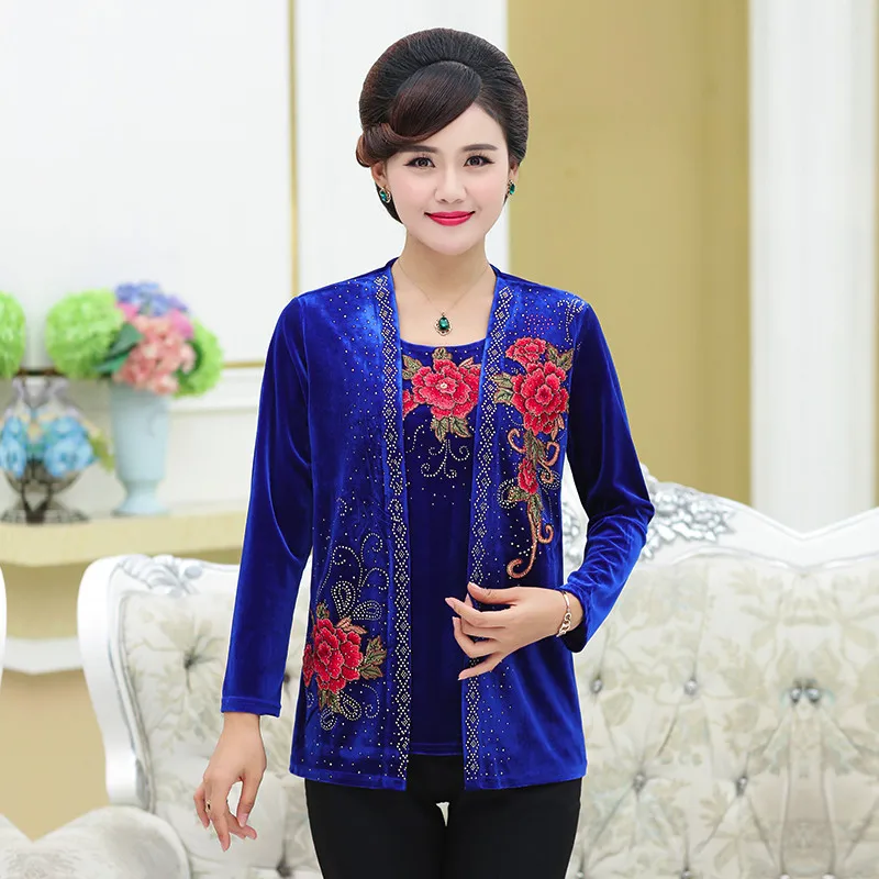 

Middle-aged and Elderly 60-70-80 Women's T-Shirt 2021New Spring Fake Two Embroidered Tee Shirts Tops Gold Velvet Elegant Coat