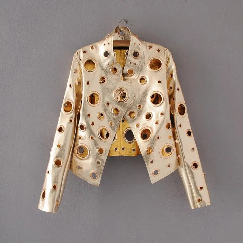 

Gold Rivet Ring Women's PU Hollow Out Leather Street Trendsetters Autumn New Short Coat Female Jackets O Neck Long Sleeve Loose