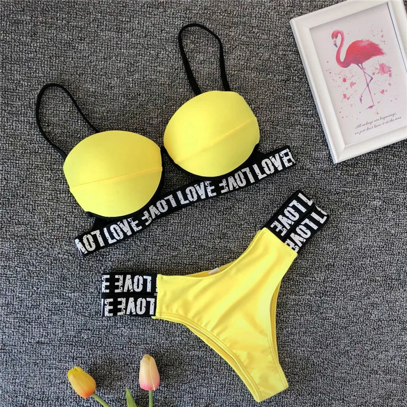 

Fors Sexy solid green neon bikini set Underwire push up swimsuit female Patchwork bandage swimwear women Hollow out bathing suit