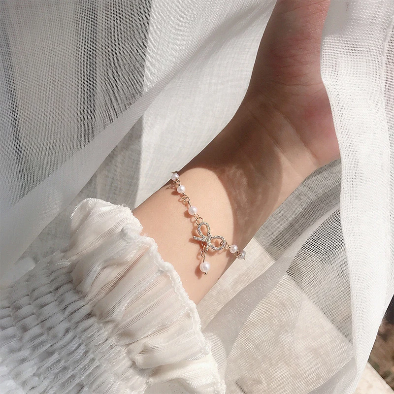 

ins Temperament Girls Pearl Bracelets Sweet Simple Silver Plated Butterfly Knot Shapes Wedding Party Jewelry Bracelet NewFashion