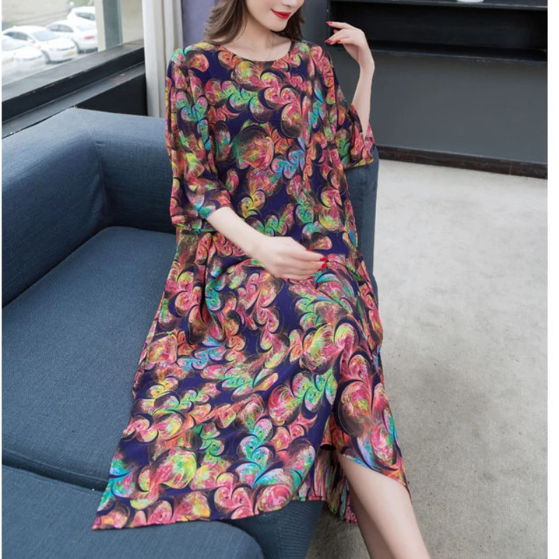 

2021 Summer New Summer Middle Aged Women Half Sleeve Midi Dress Female Floral Print Plus Size 6xl Dresses Elegant Vestidos K40