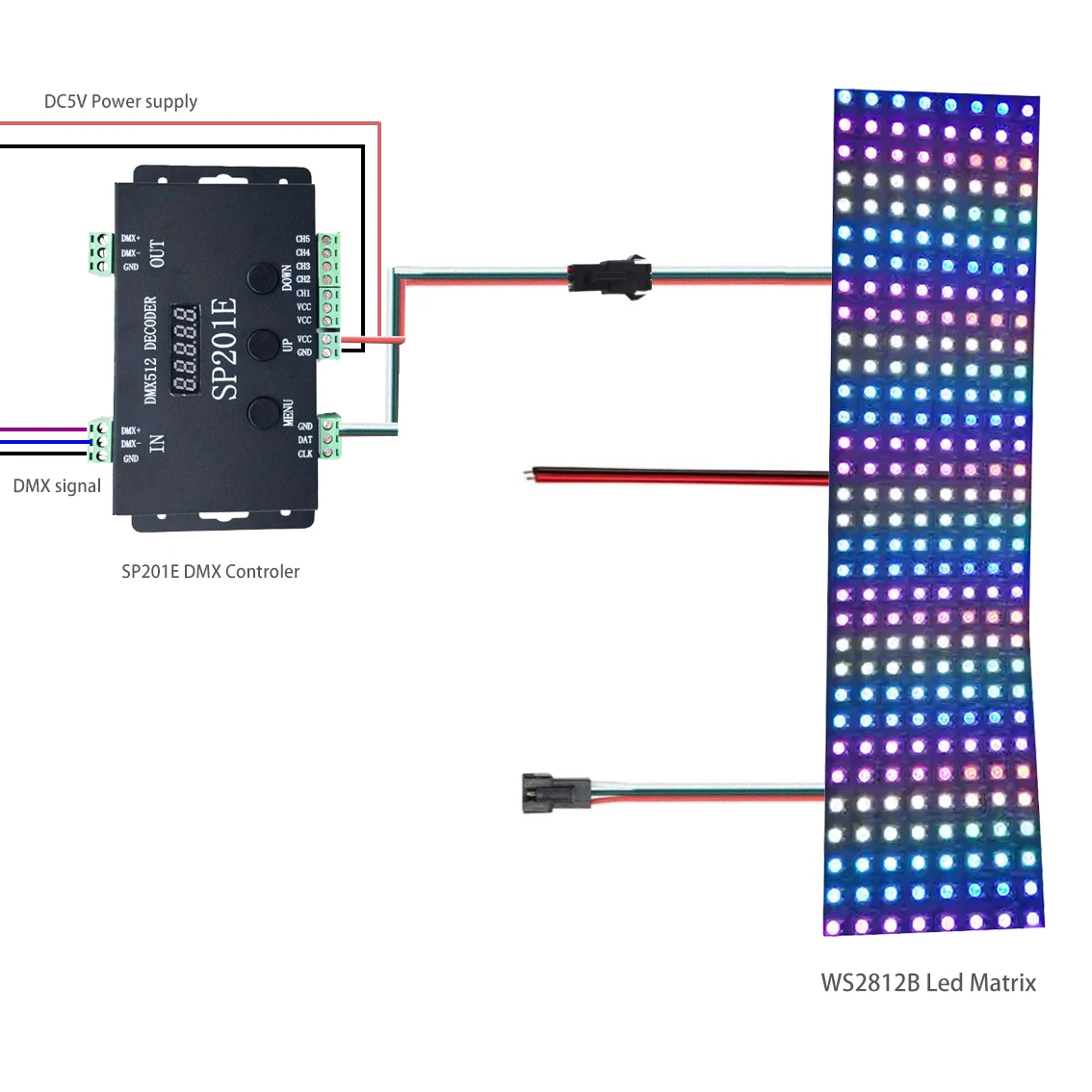 WS2812B WS2811 decodificatore Controller DMX a SPI Led e pannello matrice led WS2812 SP201E Controller decodificatore DMX 512 RGB WW a 5 canali