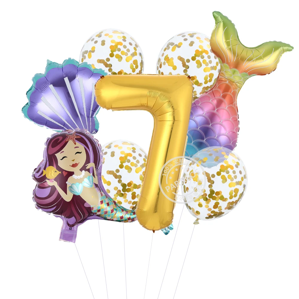 9pcs/lot Mermaid theme Birthday Party Decoration kids pink purple confetti Balloons 40inch Number Balloon For girl mermaid tail | Дом и сад