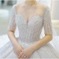 luxury shining beading handmade wedding dress with sweep train illusion o neck short sleeve ball gown plus size vestido de noiva