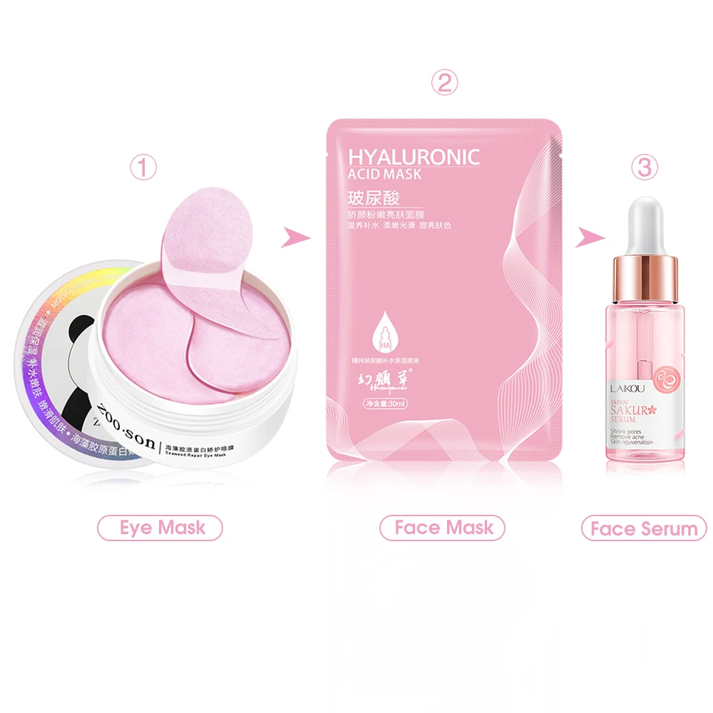 

Face Skin Care Set Cherry Blossom Essence Moisturizing Collagen Eye Patches & Face Serum & Facial Mask Beauty Makeup Set