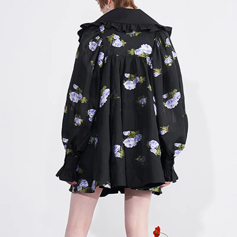

VGH Vintage Print Floral Loose Dress For Women Peter Pan Collar Lantern Long Sleeve Sweet Dresses Female Fashion New Spring 2021