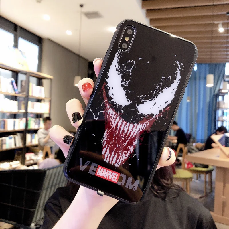venom чехол из закаленного стекла для телефона для iPhone 6S 7 8PLUS XS MAX светодиодный роскошный стеклянный чехол для телефона