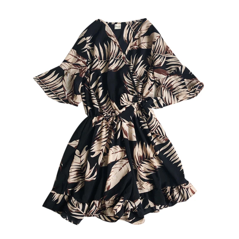 

Jumpsuit Shorts Women 2021 Summer Fashion New Retro All-match V-neck Leaf Print Lace-up Ruffled Flared Sleeve Wide-leg Pants