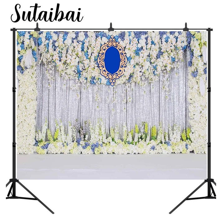 Enlarge Wedding Floral Curtain Backdrop Blue White Light Flower Background for Marriage Ceremony Decor Photo Booth Studio Props