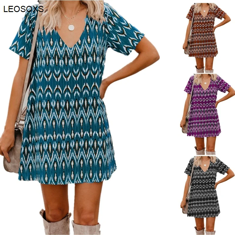 

Spring Summer 2021 New Loose Short-sleeved V-neck Printed Dresses Women's Clothing Retro Casual Short Dress