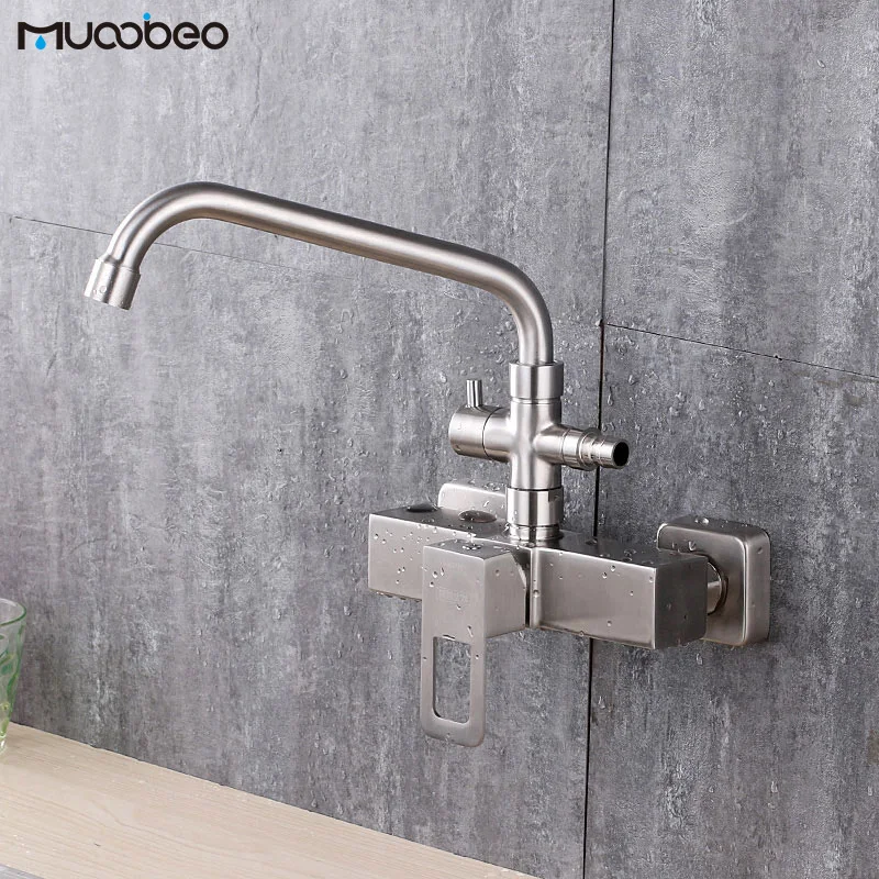 

Wall Mounted Double Holes Hot And Cold Kitchen Sink Faucet 360 Rotate Mixer Tap With Sprayer Bidet