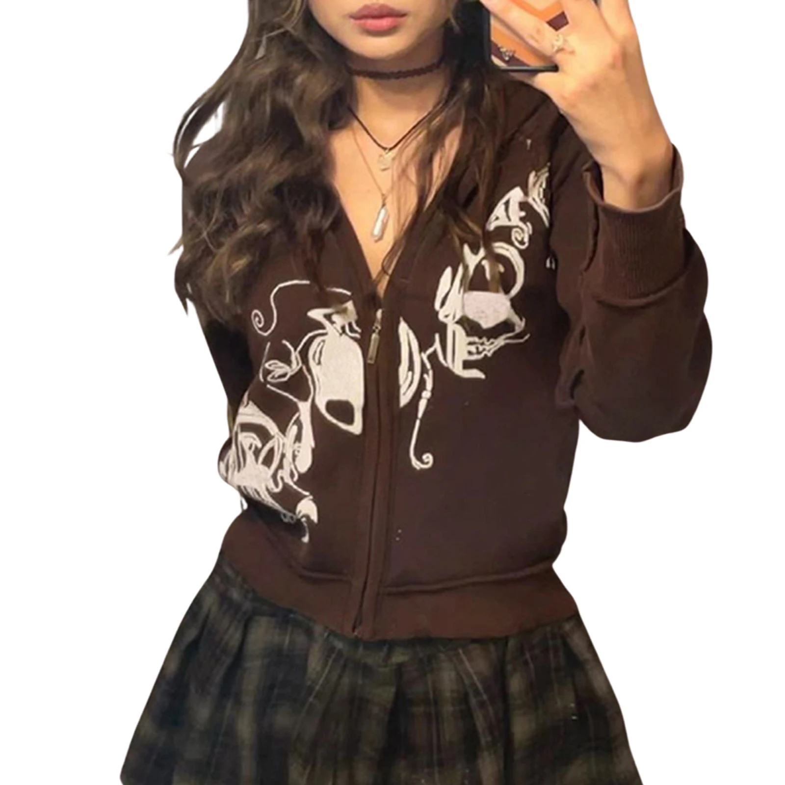 

Women Hooded Coat, Long Sleeve V Neck Zipper Print Tops for Casual Party Street, Brown