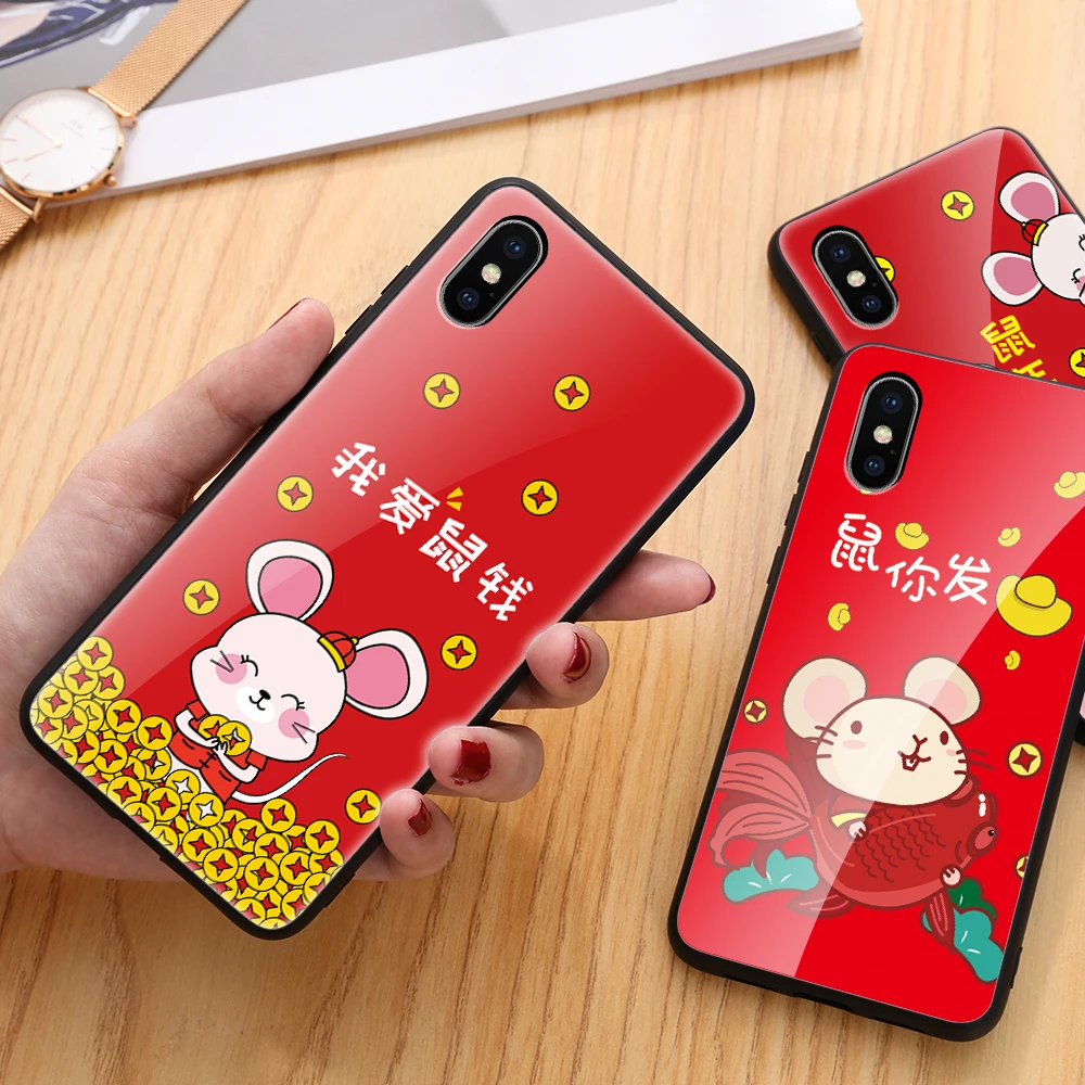 Cut Mouse Pattern Tempered Glass Case For iPhone 11 Pro Max X Xs Xr 8 7 6 6S Plus Red Back |
