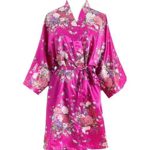 sakura- Rose Шелковый Атласный халат для невесты, подружки невесты, Цветочный халат, Короткое Кимоно, ночная сорочка для женщин, один размер, подходит для S-XXL, ванной - Цвет: sakura- Rose