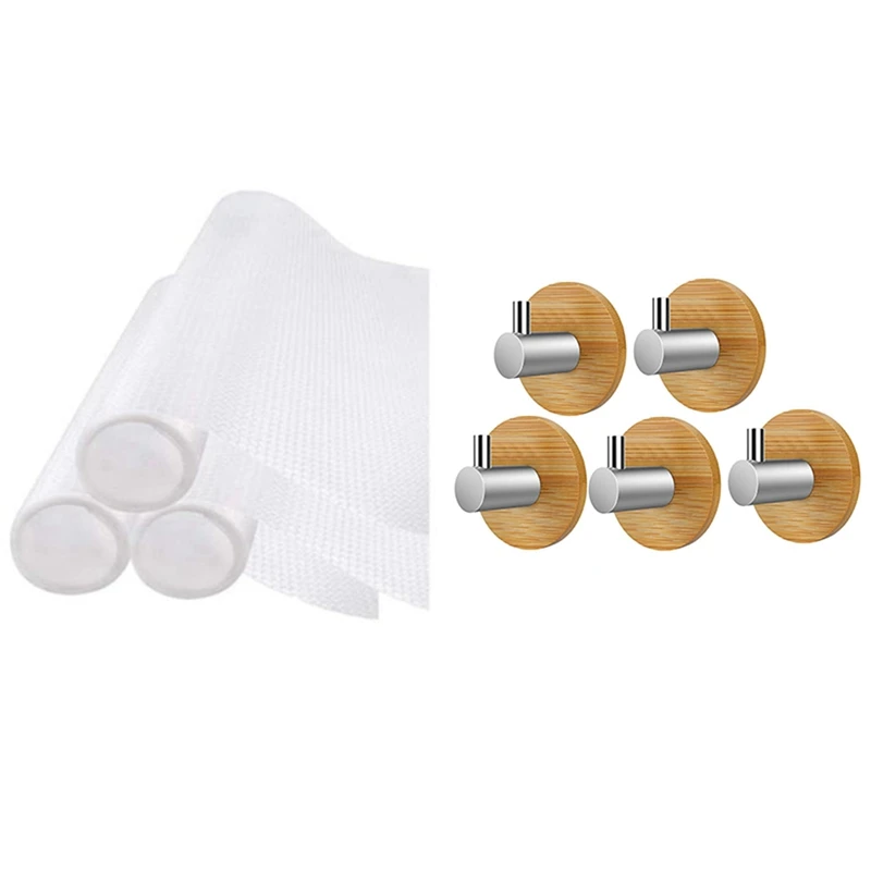 

3 рулона шкафов Eva, Нескользящие Коврики для холодильника, коврики для выдвижных ящиков и 5 самоклеющихся настенных крючков