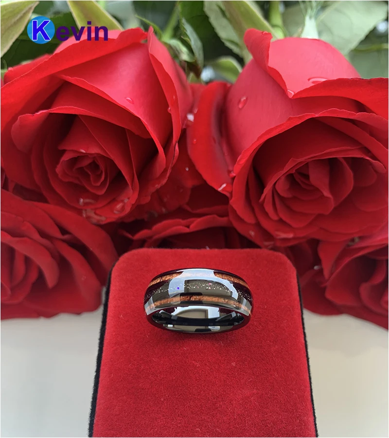 Черный обручальное кольцо из вольфрама для мужчин и женщин с огненным опалом