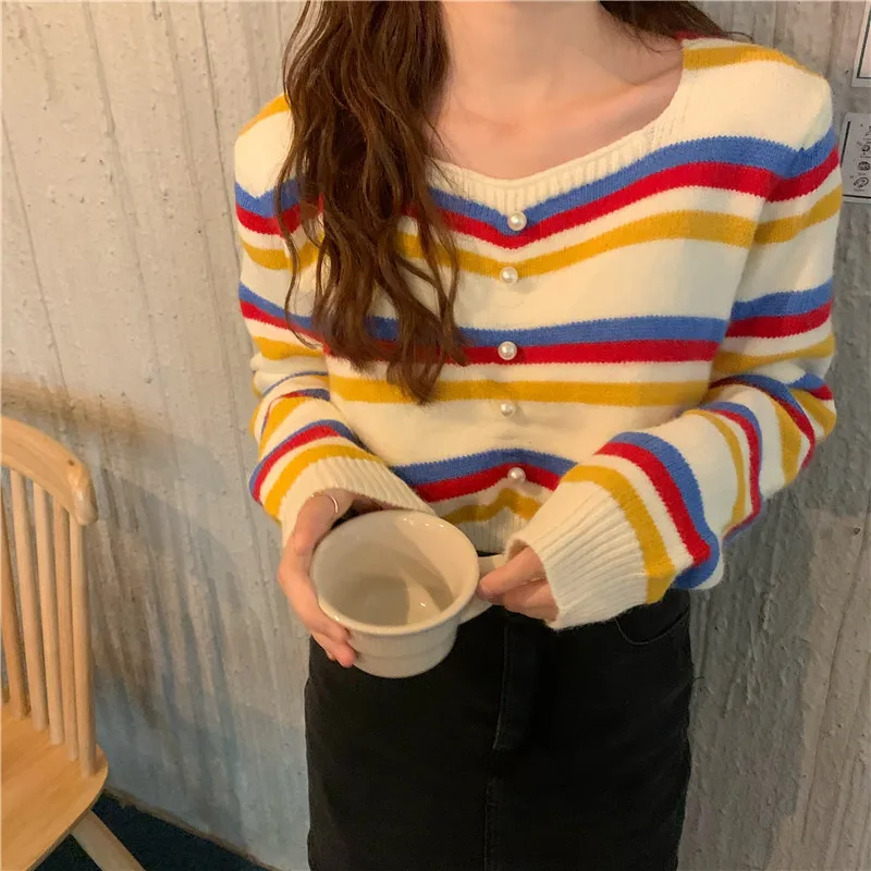 

Autumn Women Striped Sweater Women Sweater Jumper Knitwear Fashion Slim Sexy Pearl Button Sweaters Pullovers
