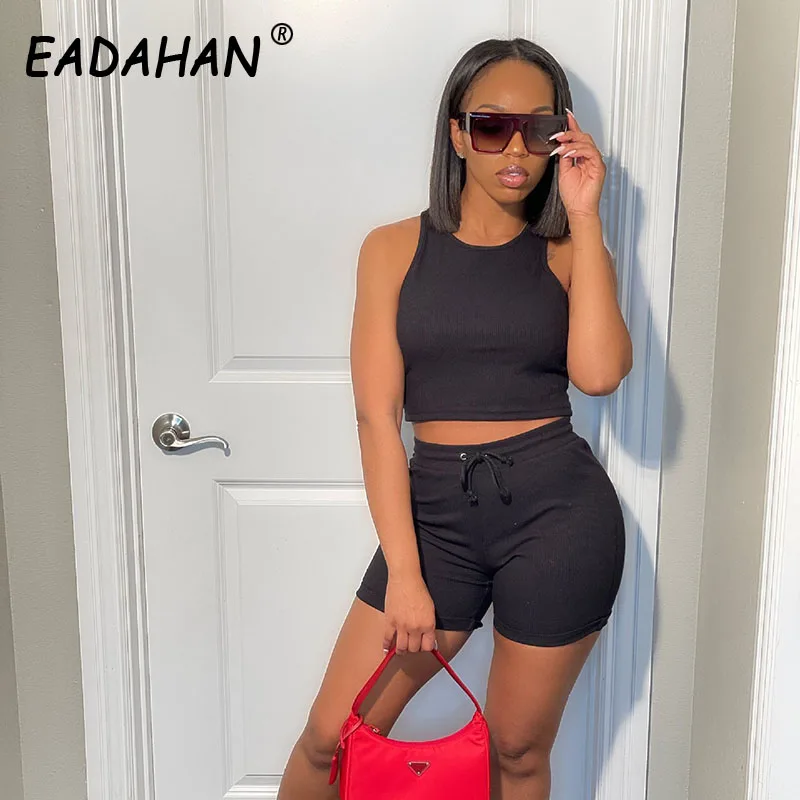 

Eadahan 2021 Women's Fashion Casual Sports Suit Pit Tank Top Drawstring Shorts Two-piece Suit Shorts Suit